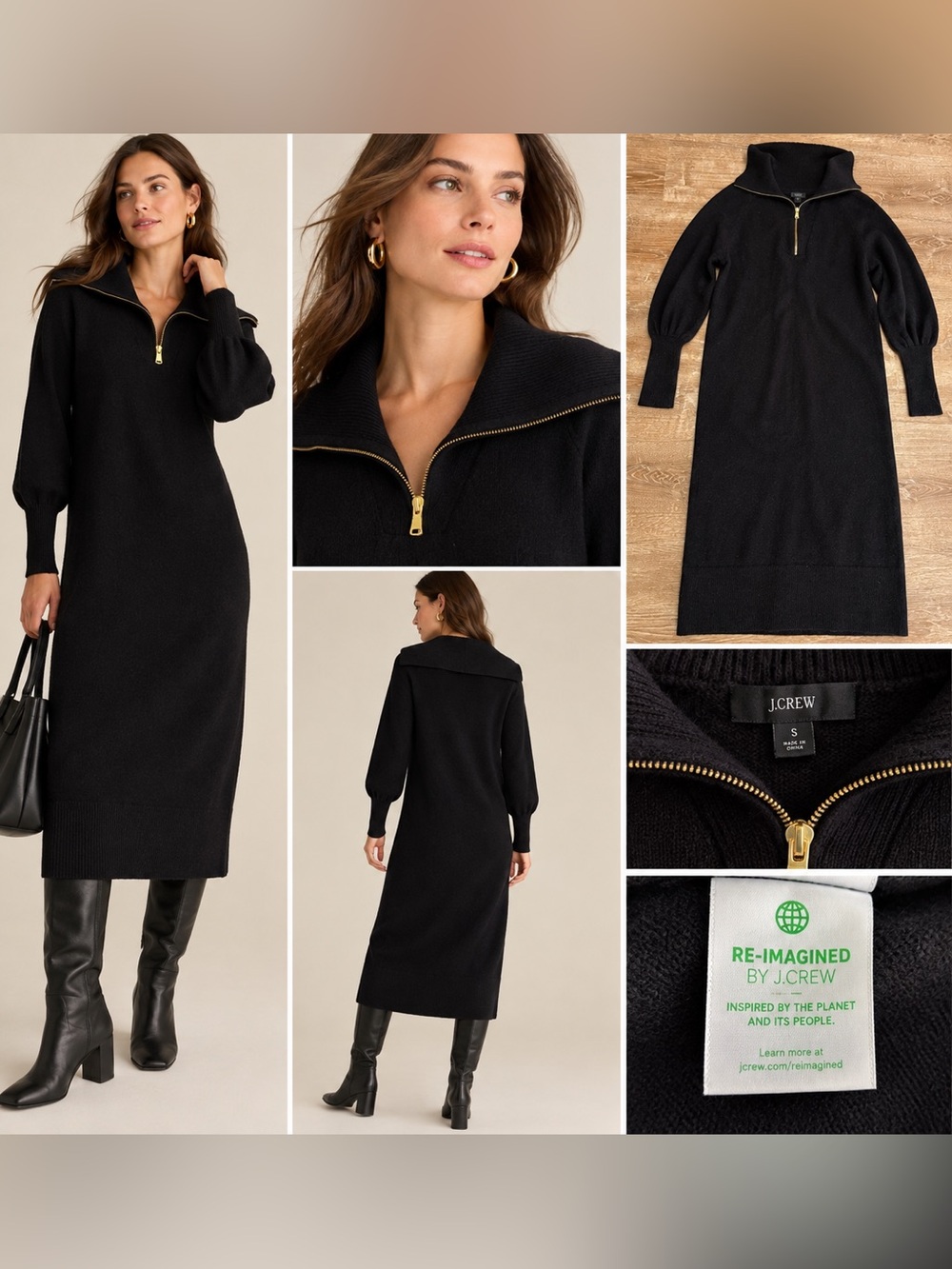 J.Crew Black Sweater Dress Size S Wide Collar Gold Half Zip Knit